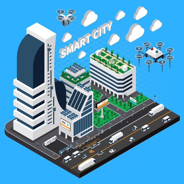 Composición isométrica de ciudad inteligente con ilustración de símbolos de transporte y edificios