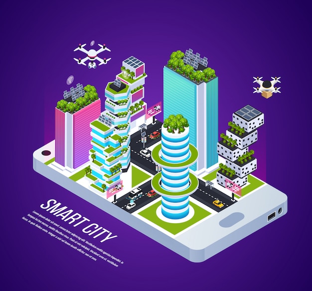 Composición isométrica de ciudad inteligente con tecnología y energía de la ciudad, ilustración vectorial isométrica