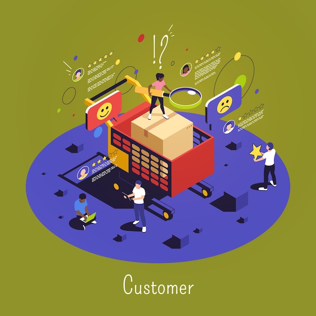 Composición isométrica del cliente con personas que realizan el control de calidad de los productos a través de la ilustración del vector de comentarios del cliente