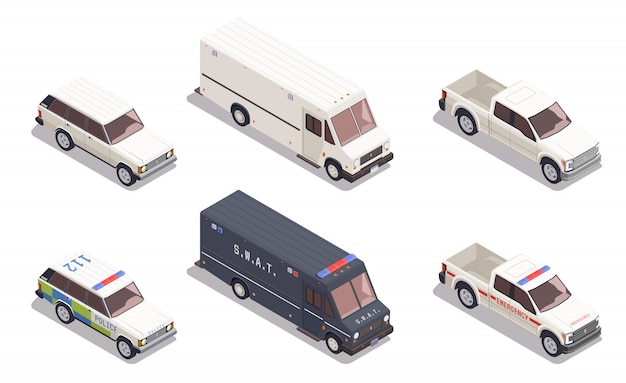 Composición isométrica con coches de policía de emergencia y otro transporte aislado sobre fondo blanco 3d