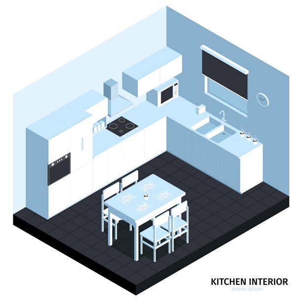 Composición isométrica de la cocina con vista cúbica de la habitación con muebles limpios, máquinas de cocina, fregadero y mesa