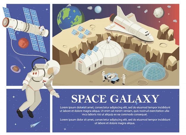 Composición isométrica de colonización de Marte con astronautas satélite estación cósmica transbordador rover paneles solares Planeta Tierra