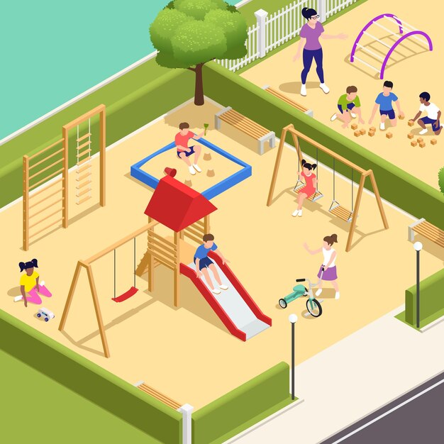 Composición isométrica de color de jardín de infantes dos grupos juegan juegos activos durante la caminata bajo el cuidado de la ilustración de vector de maestro