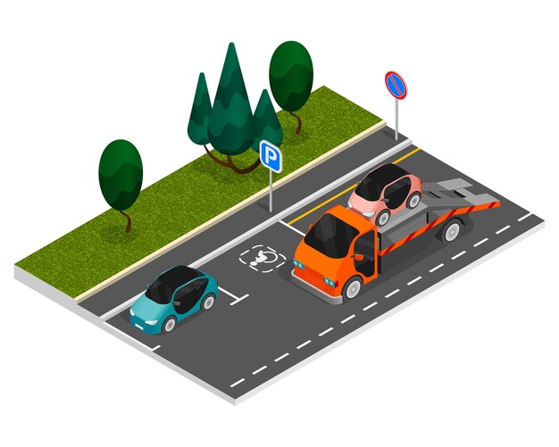 La composición isométrica coloreada de estacionamiento con una grúa elimina una ilustración de automóvil estacionado incorrectamente