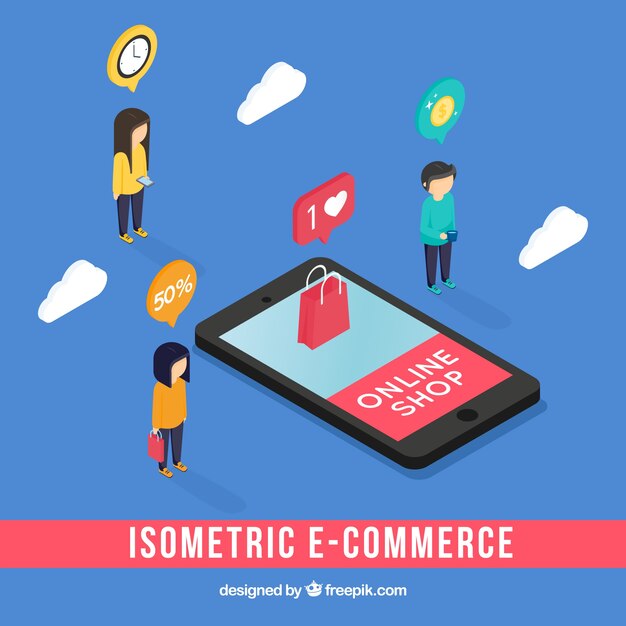 Composición isométrica de comercio online con móvil