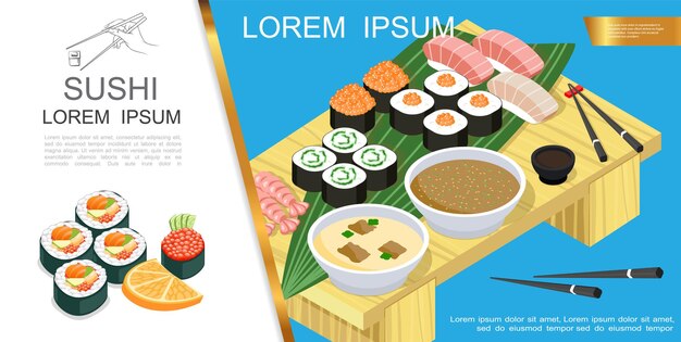 Composición isométrica de comida asiática con sushi y sashimi diferentes ingredientes algas marinas salsa de soja palillos de sopa de wasabi en la ilustración de la mesa