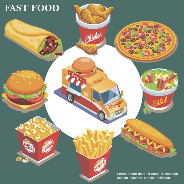 Composición isométrica de comida rápida con camión de comida callejera doner muslos de pollo ensalada de pizza hot dog papas fritas palomitas de maíz cubo hamburguesa aislado