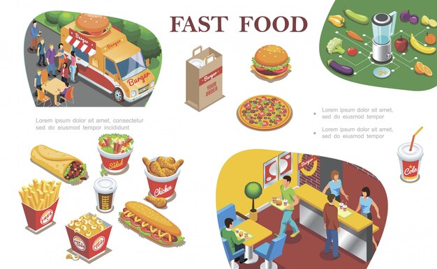 Composición isométrica de comida rápida con comida callejera restaurante de comida rápida frutas verduras hot dog papas fritas café cola pizza hamburguesa
