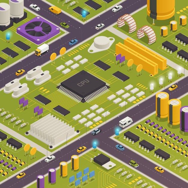 Composición isométrica de componentes electrónicos de semiconductores