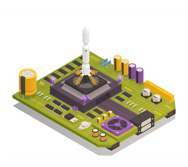 Vector gratuito composición isométrica de componentes electrónicos de semiconductores