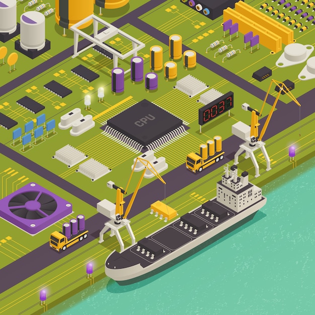 Composición isométrica de componentes electrónicos de semiconductores