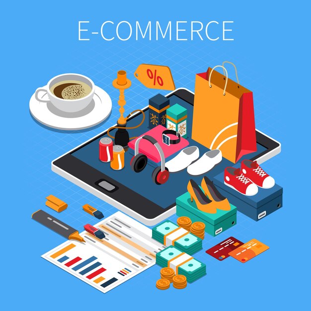 Composición isométrica de compras en línea de comercio electrónico con tarjeta de crédito en efectivo compró zapatos en la pantalla de la tableta