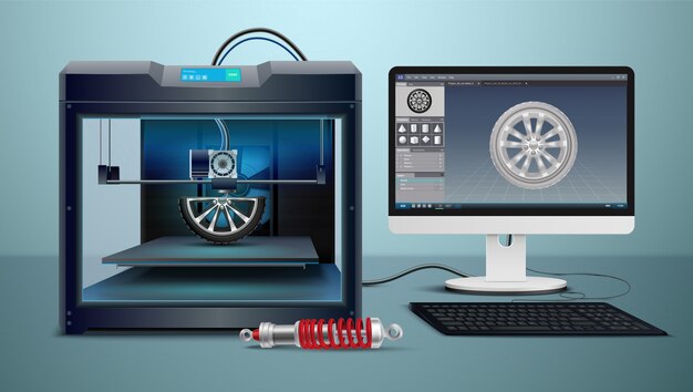 Composición isométrica con computadora y proceso de impresión 3d ilustración vectorial