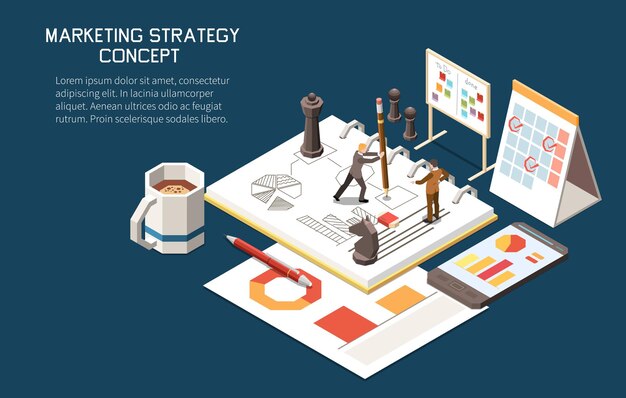 Composición isométrica del concepto de estrategia de marketing con texto editable y pequeños personajes humanos con planes y calendarios