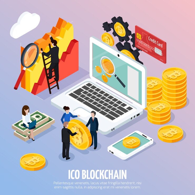 Vector gratuito composición isométrica del concepto ico blockchain