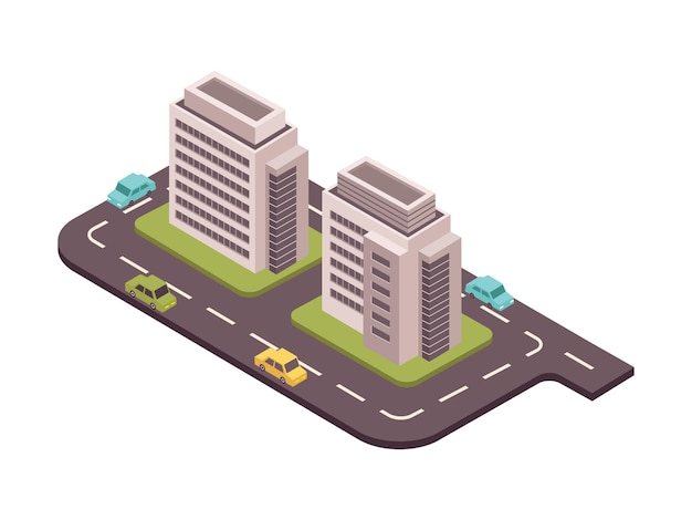 Composición isométrica del conjunto de carreteras con vista de dos casas rodeadas por autopista con ilustración de vector de automóviles