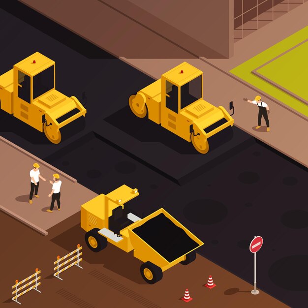 Composición isométrica de construcción de carreteras con vista exterior de la calle de la ciudad con personajes de trabajadores y maquinaria ilustración