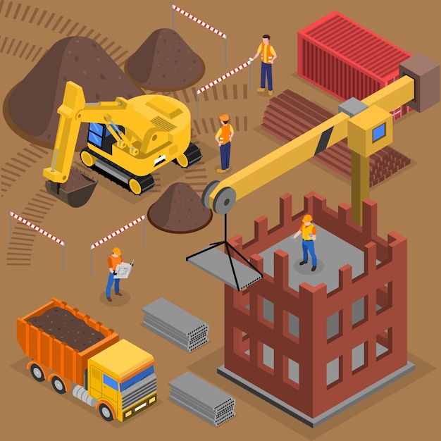 Composición isométrica de construcción con trabajadores de maquinaria de construcción y grúas cerca del bloque de gran altura en construcción