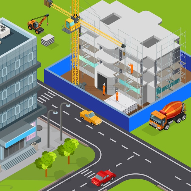 Composición isométrica de construcción con vista al aire libre de los autos modernos de calles de la ciudad y el bloque de casas en construcción ilustración vectorial