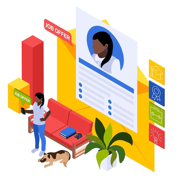 Composición isométrica de contratación de reclutamiento de recursos humanos con signos infográficos personaje de candidata femenina y carta con ilustración de vector de oferta de trabajo