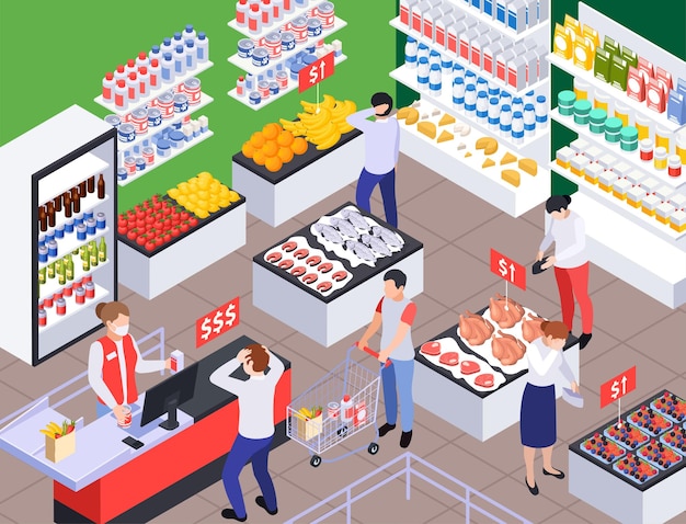 Composición isométrica de crisis financiera con vista interior de la tienda de comestibles con personas distraídas que critican la ilustración vectorial de precios crecientes