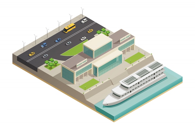 Composición isométrica del crucero del puerto fluvial