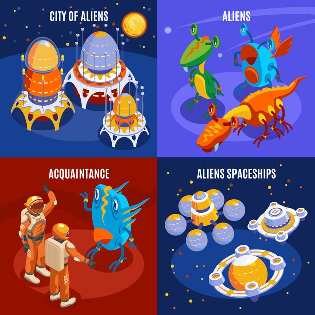 Composición isométrica de cuatro extraterrestres con ilustración de descripciones de naves espaciales conocidas de la ciudad de extraterrestres