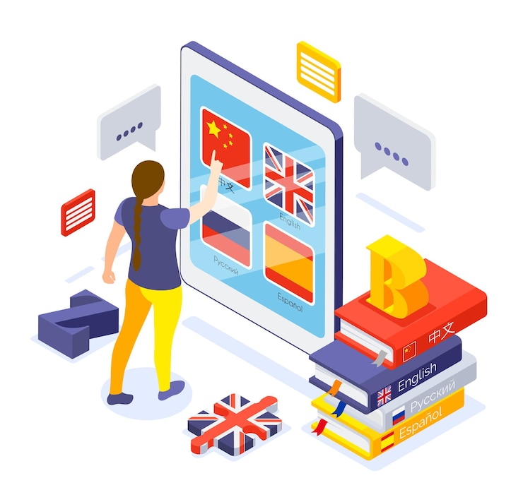 Vector gratuito composición isométrica de cursos de idiomas en línea con una mujer que elige la aplicación china en la pantalla de la tableta