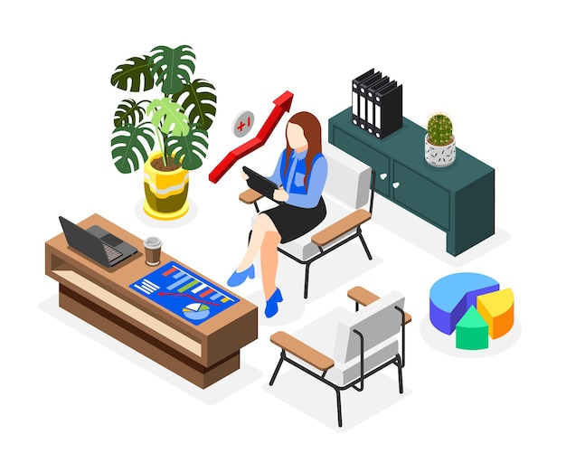 Vector gratuito composición isométrica de dama de negocios de mujer con tableta en silla rodeada de muebles de oficina e ilustración de vector de planta