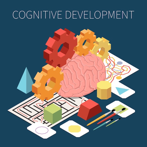 Composición isométrica del desarrollo cognitivo con imágenes 3d de ruedas dentadas cerebrales y herramientas para la ilustración vectorial de educación preescolar