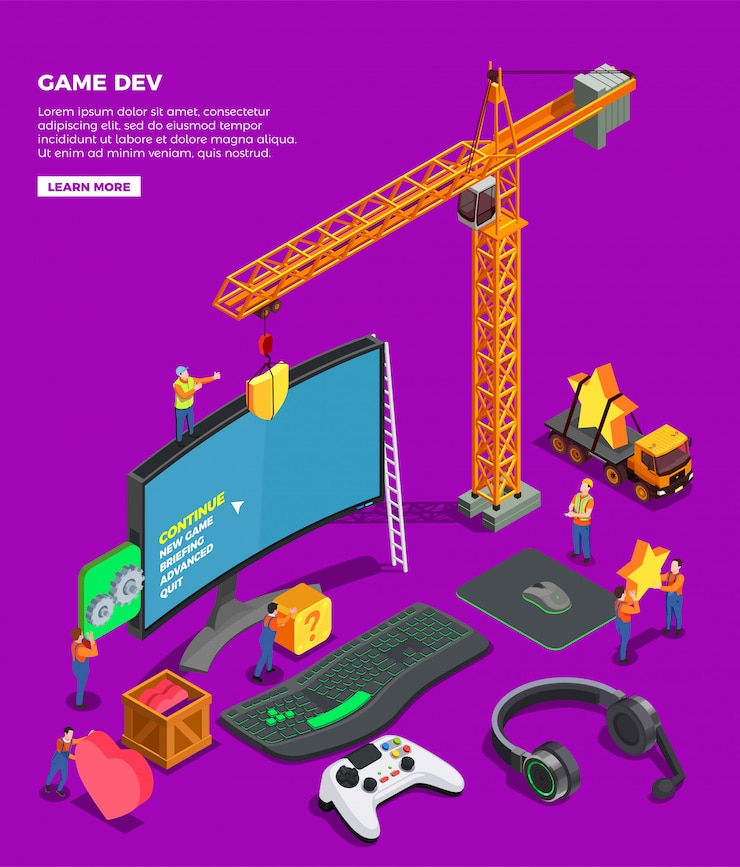 Vector gratuito composición isométrica de desarrollo de juegos con joystick de teclado de pantalla grande para auriculares y grúas de videojuegos como símbolo de la industria del juego