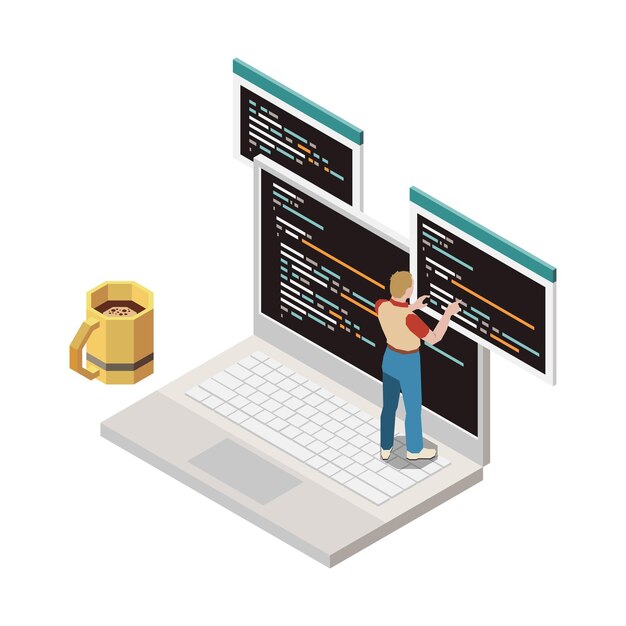 Composición isométrica de desarrollo de programación con carácter de programador en computadora portátil con pantallas e ilustración de vector de taza de café