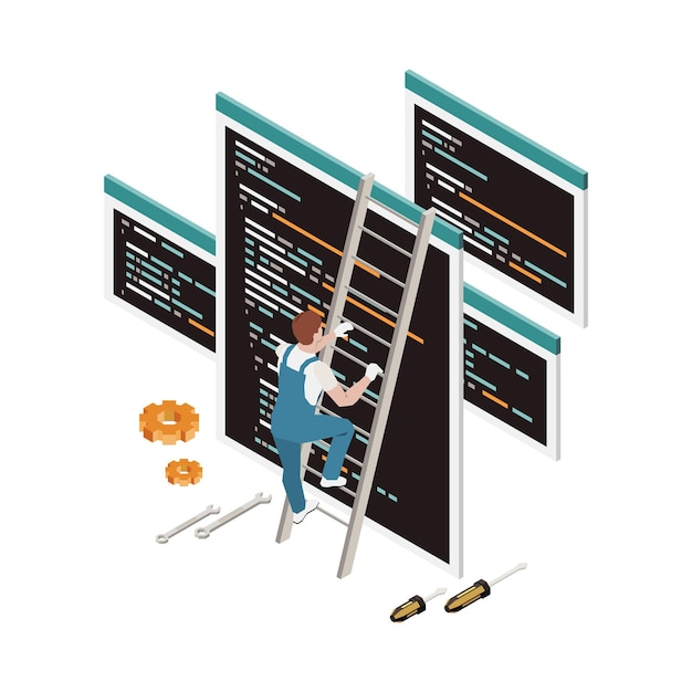 Composición isométrica de desarrollo de programación con carácter de programador en escalera con equipo y pantallas con ilustración de vector de código