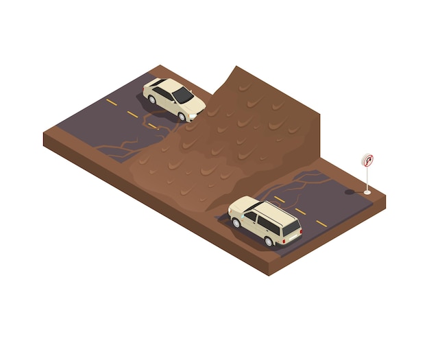 Vector gratuito composición isométrica de desastres naturales con vista de automóviles en la carretera inundada con ilustraciones de vectores de lodo