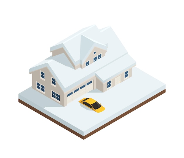 Composición isométrica de desastres naturales con vista de la casa y el automóvil enterrados en la ilustración del vector de nieve