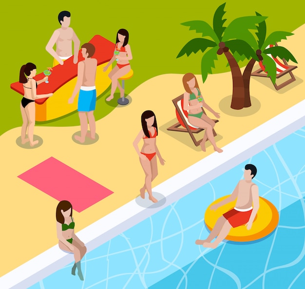 Composición isométrica de descanso de piscina