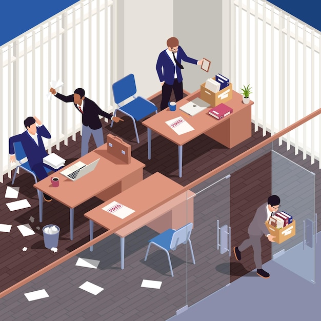 Composición isométrica de desempleo desempleado con ilustración de vector de personas despedidas tristes