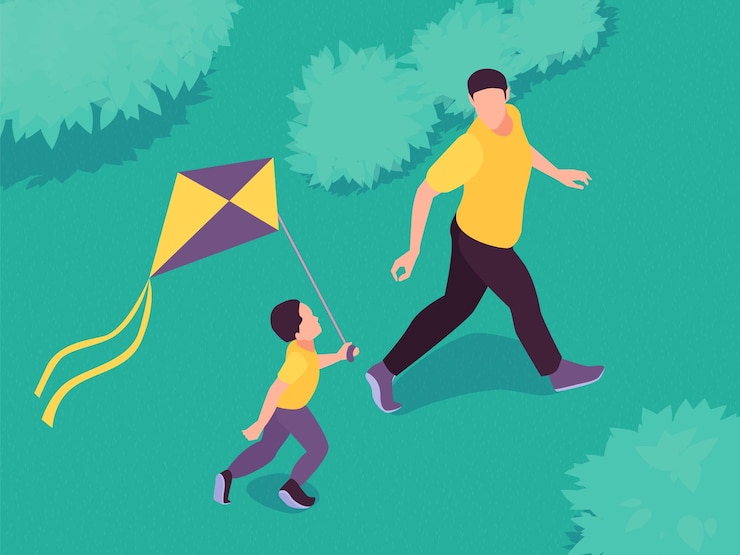 Vector gratuito composición isométrica del día del padre con paisajes al aire libre y personajes sin rostro de padre e hijo corriendo ilustración vectorial de cometa