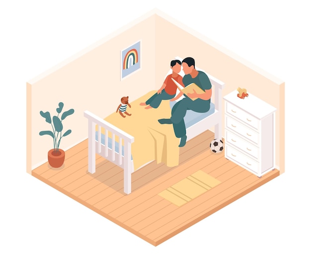 Composición isométrica del día del padre con vista aislada del dormitorio con el niño y el padre leyendo una ilustración vectorial del libro
