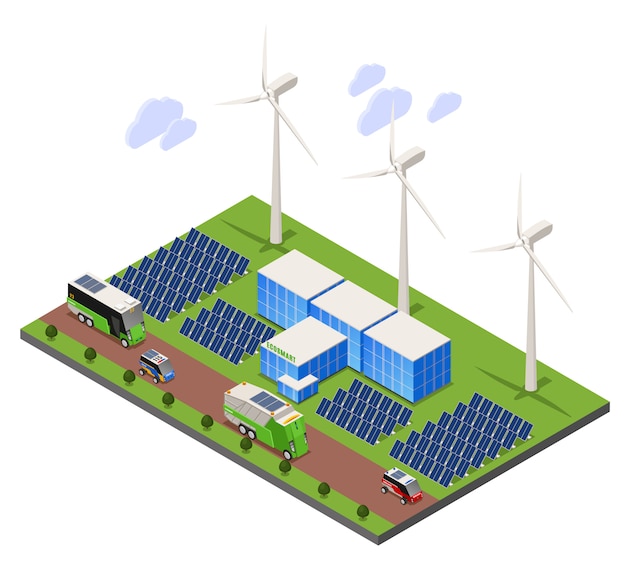 Vector gratuito composición isométrica de ecología urbana inteligente con paisajes al aire libre y campo de batería solar con torres de turbinas de molinos de viento