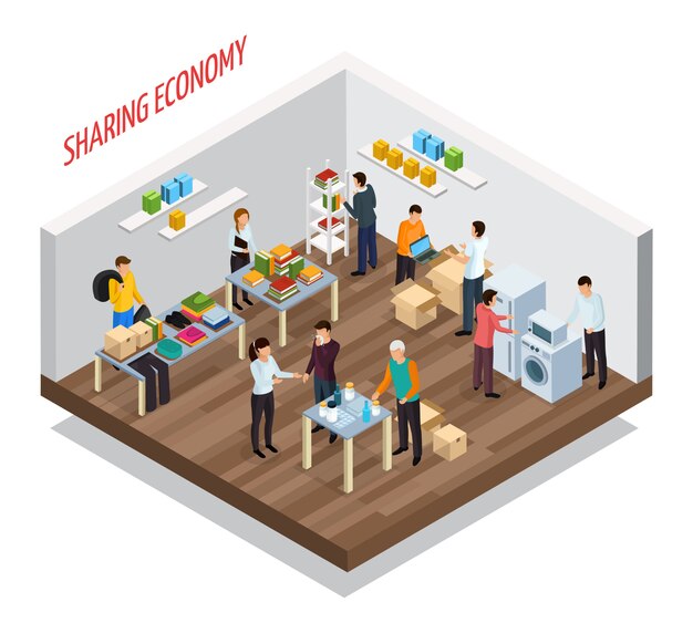 Composición isométrica de economía compartida con vista de la habitación con bienes y pertenencias privadas para la transferencia gratuita