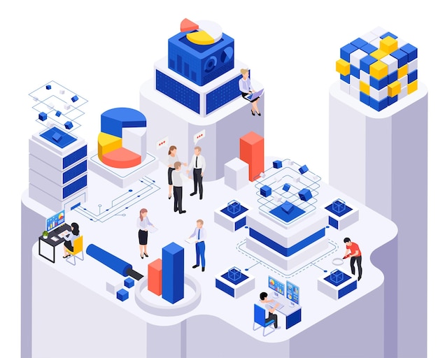 Composición isométrica de economía de datos con cubos de elementos de gráfico de barras de iconos de computadora de diferentes tamaños e ilustración de vector de personas