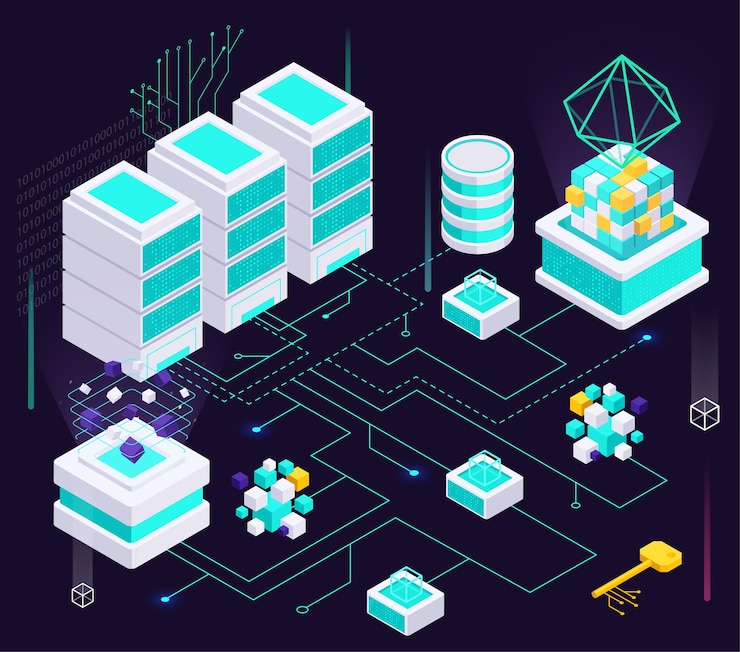 Vector gratuito composición isométrica de economía de datos con diagrama de flujo de claves digitales, cubos de hologramas brillantes de neón y racks de servidores, ilustración vectorial