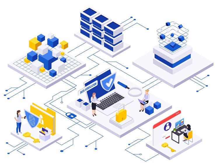 Vector gratuito composición isométrica de economía de datos con diagrama de flujo de plataformas conectadas con carpetas de computadora de personajes humanos y bloques de ilustración vectorial