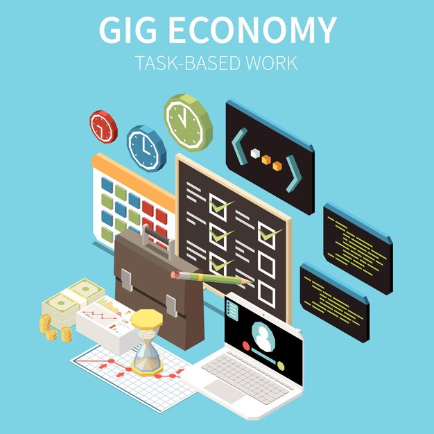 Composición isométrica de economía de trabajo con iconos de trabajo basados en tareas de reloj para hacer listas de pantallas de computadora ilustración vectorial