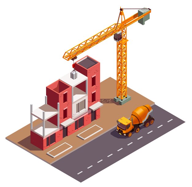 Composición isométrica de edificios adosados con vista de la grúa del sitio de construcción y la casa residencial en construcción