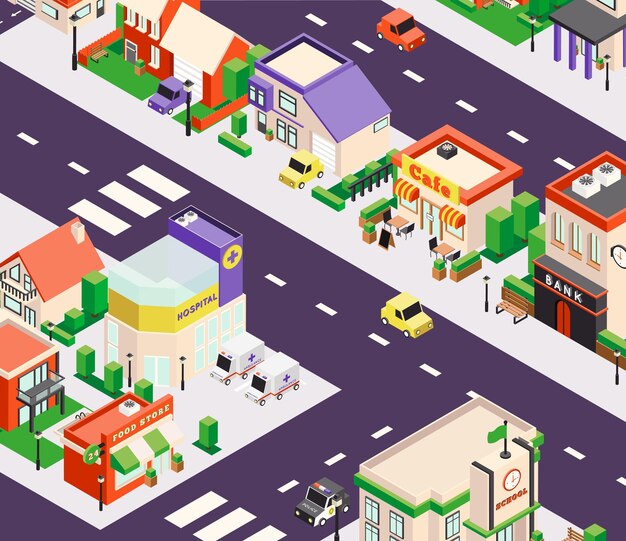 Composición isométrica de edificios de la ciudad con vista en perspectiva de pájaro del bloque de la ciudad con tiendas y cafeterías
