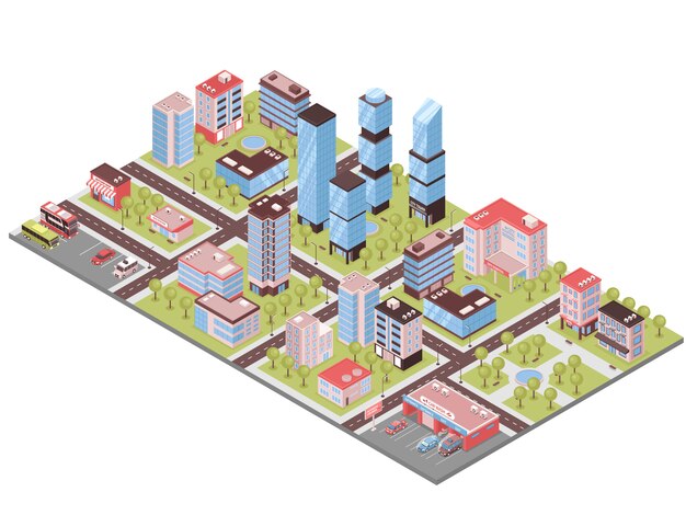 Composición isométrica de edificios de la ciudad