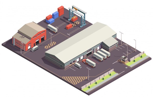 Composición isométrica de edificios industriales con estacionamiento, manejo de carga, garajes, camiones y contenedores con grúas manipuladoras