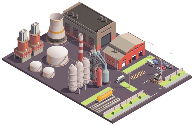 Composición isométrica de edificios industriales con vista del área de la planta con imágenes de edificios e instalaciones de plantas.